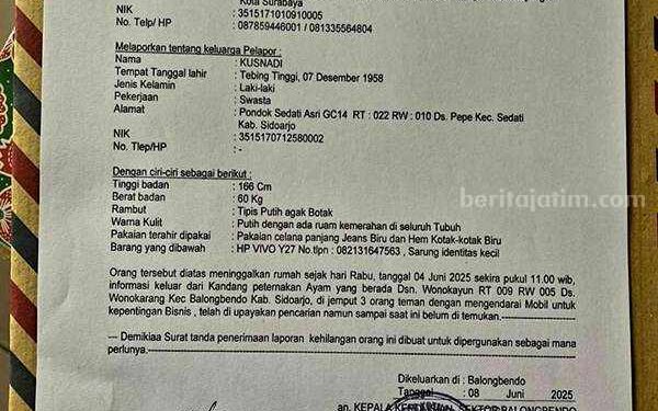 Kusnadi Mantan Ketua DPRD Jawa Timur Periode 2019-2024 Dilaporkan Hilang Dibawa Tiga Orang